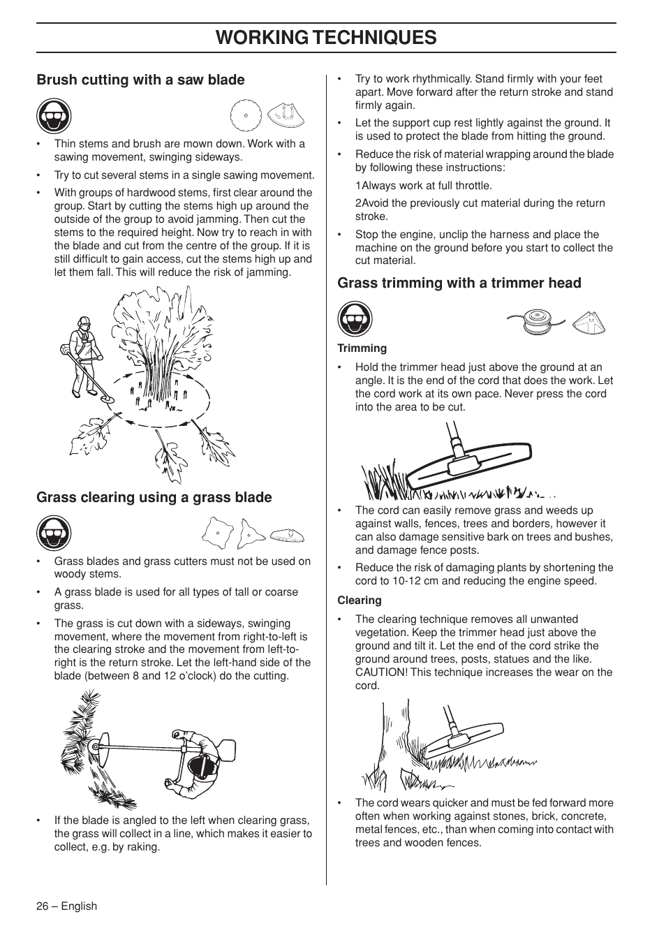 Brush cutting with a saw blade, Grass clearing using a grass blade, Grass trimming with a trimmer head | Working techniques | Jonsered FC 2255 User Manual | Page 26 / 44