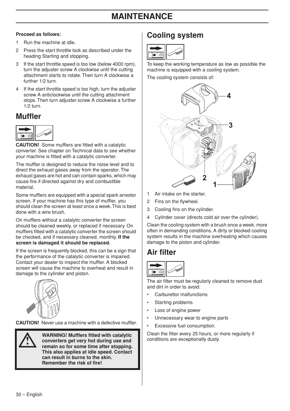 Muffler, Cooling system, Air filter | Maintenance | Jonsered FC 2255 User Manual | Page 30 / 44