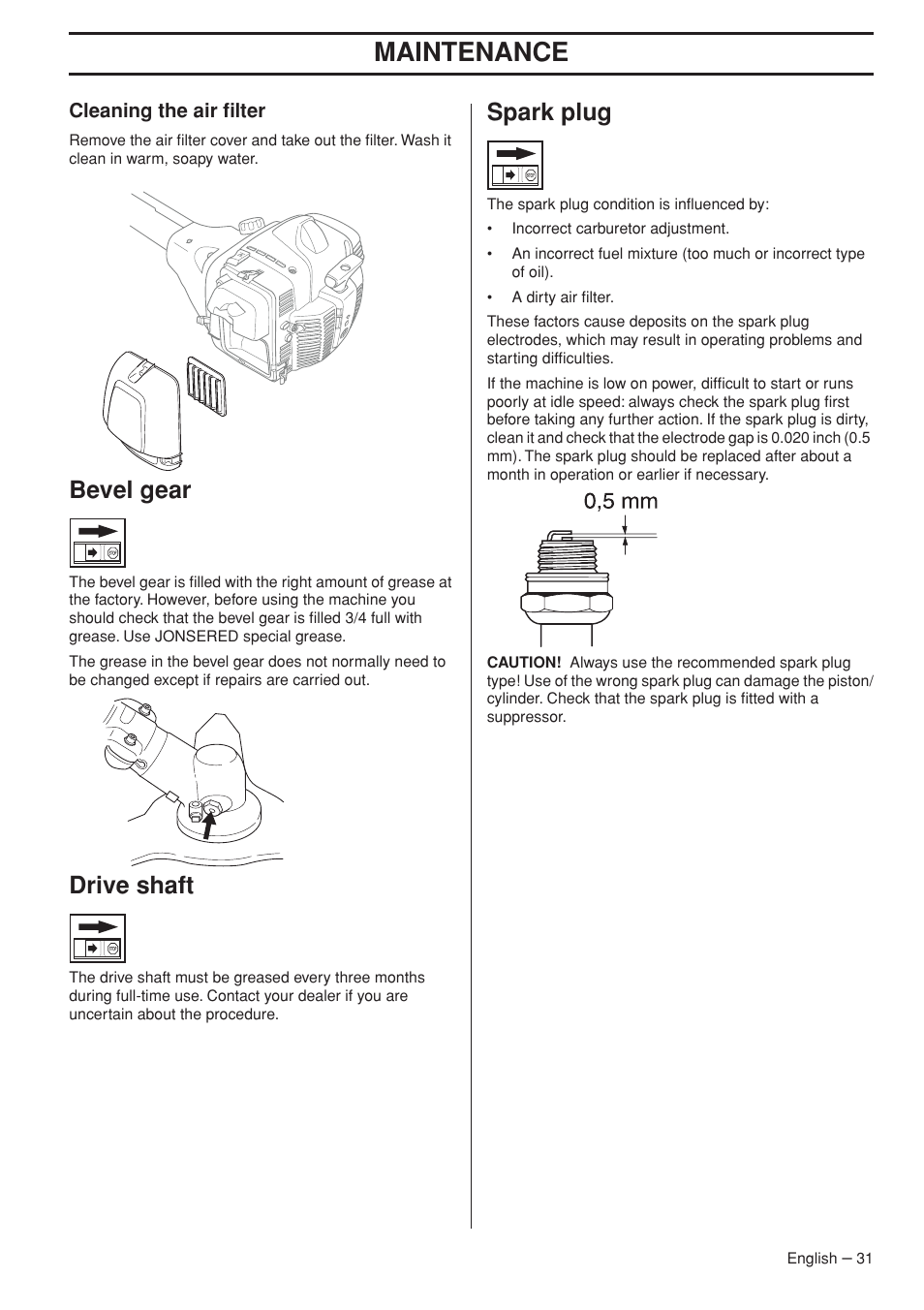 Cleaning the air filter, Bevel gear, Drive shaft | Spark plug, Maintenance | Jonsered FC 2255 User Manual | Page 31 / 44