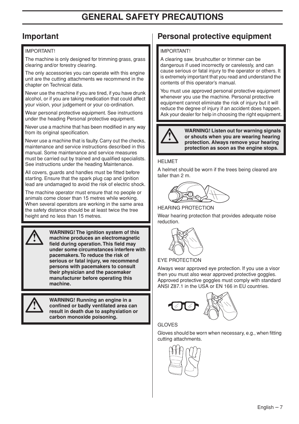 Important, Personal protective equipment, General safety preca utions | Impor tant personal protective equipment | Jonsered FC 2255 User Manual | Page 7 / 44