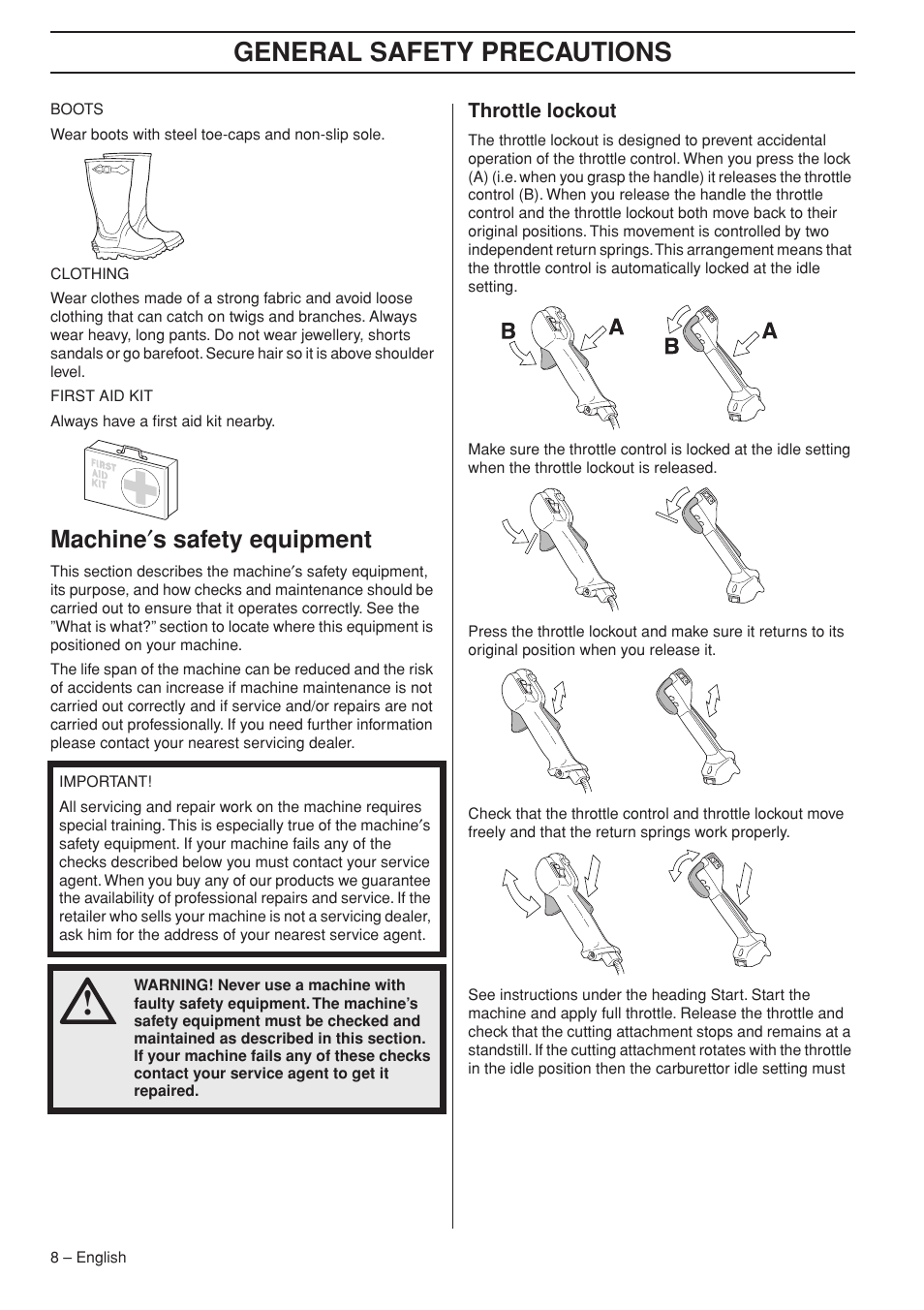 Machine¢s safety equipment, Throttle lockout, General safety preca utions | Mac hine ′ s safety equipment | Jonsered FC 2255 User Manual | Page 8 / 44