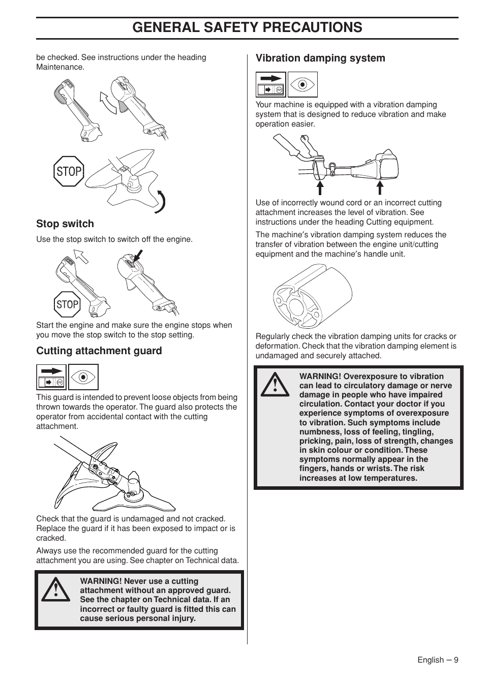 Stop switch, Cutting attachment guard, Vibration damping system | General safety preca utions | Jonsered FC 2255 User Manual | Page 9 / 44