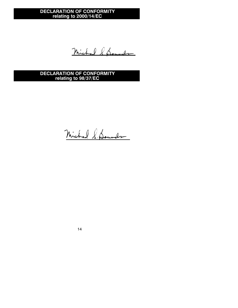 Declaration of conformity relating to 2000/14/ec, Declaration of conformity relating to 98/37/ec | Jonsered CS 2137 User Manual | Page 14 / 15