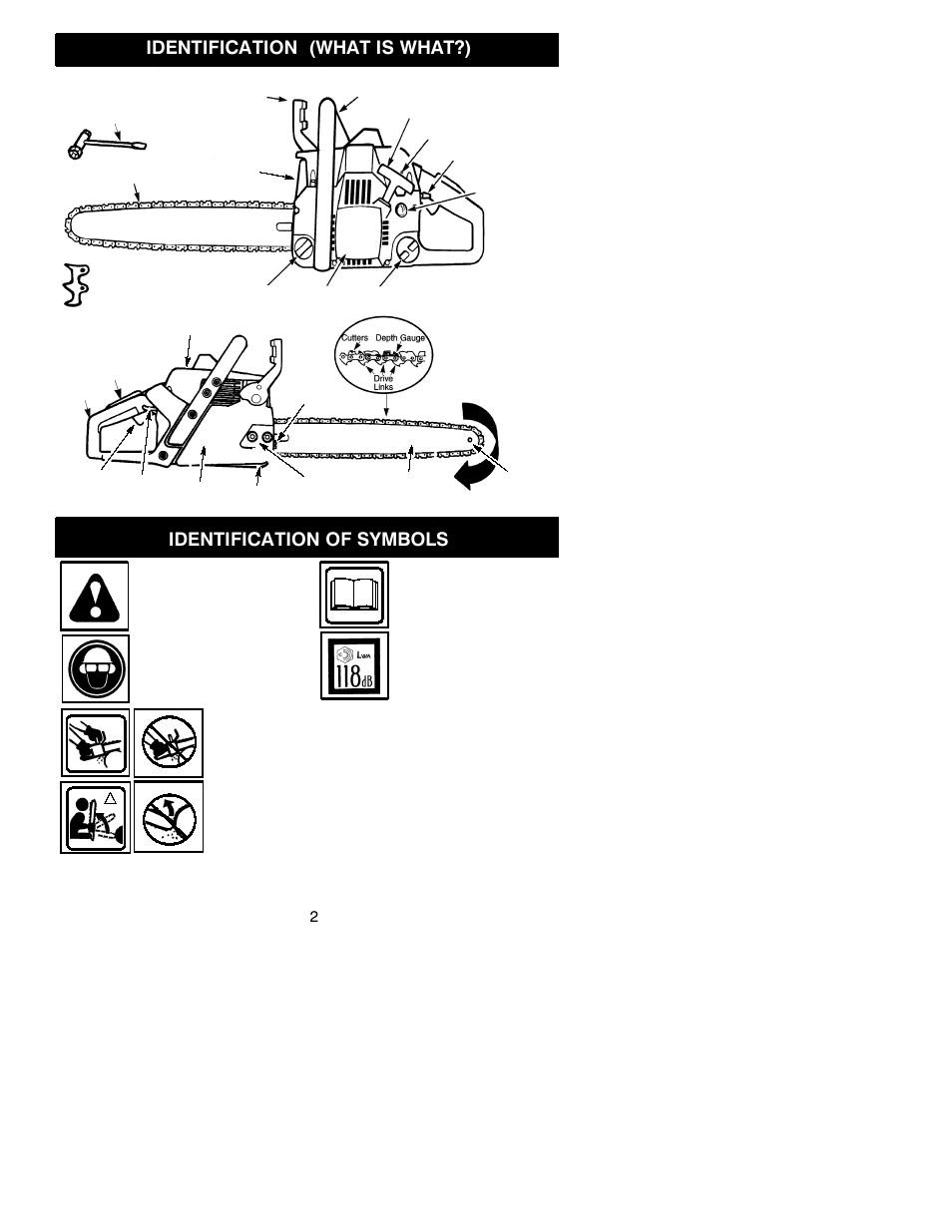 Identification (what is what?), Identification of symbols | Jonsered CS 2137 User Manual | Page 2 / 15