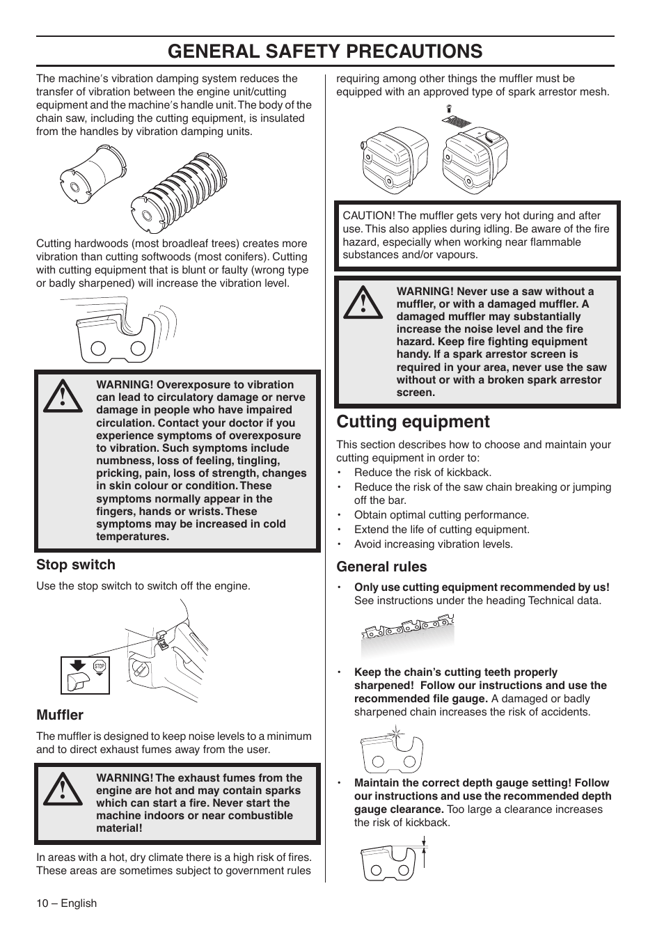 Stop switch, Muffler, Cutting equipment | General rules, General safety precautions | Jonsered CS 2153 User Manual | Page 10 / 44