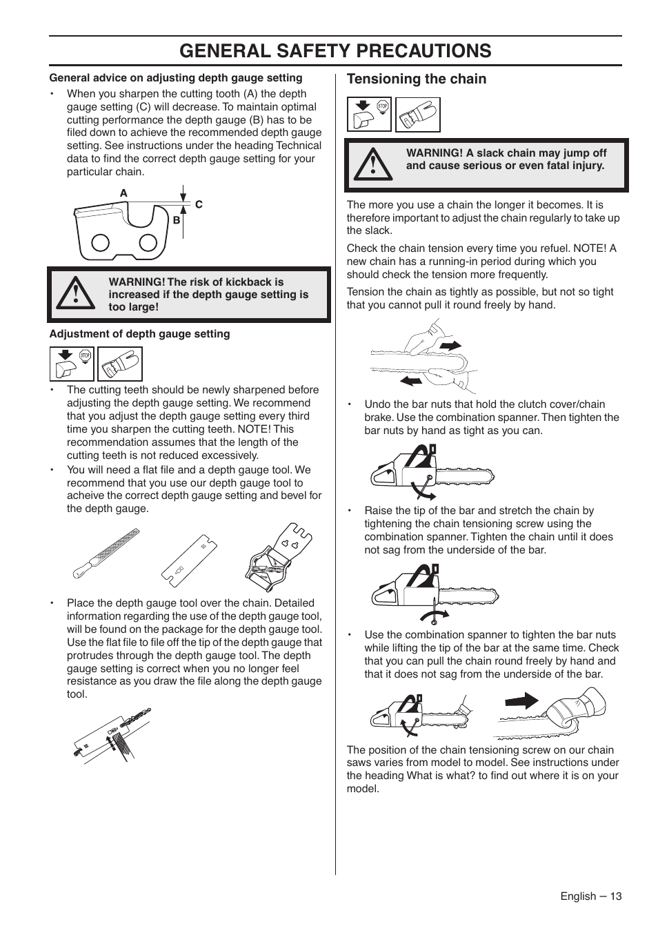 Tensioning the chain, General safety precautions | Jonsered CS 2153 User Manual | Page 13 / 44