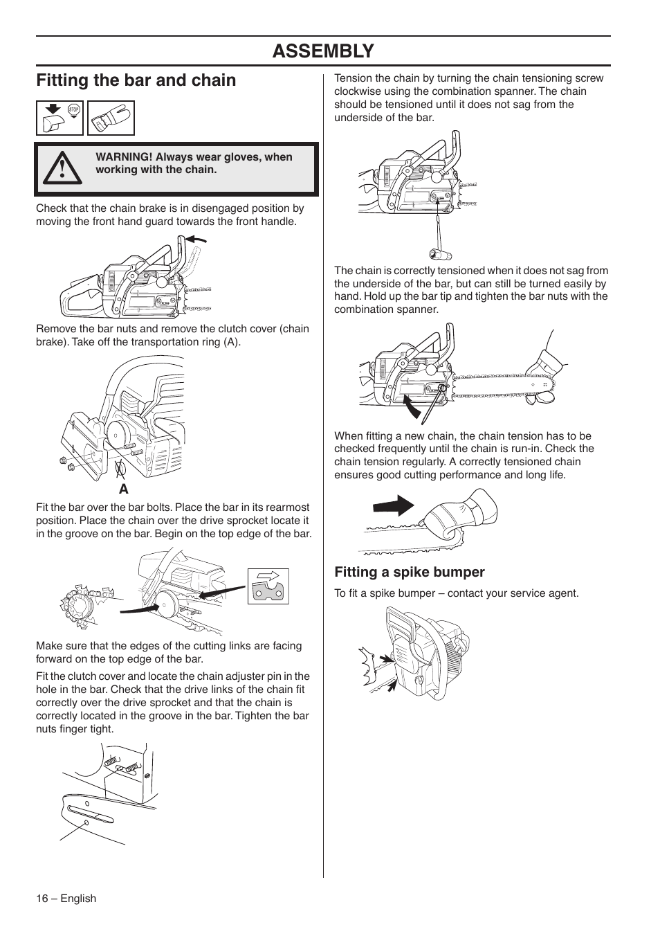 Fitting the bar and chain, Fitting a spike bumper, Assembly | Jonsered CS 2153 User Manual | Page 16 / 44