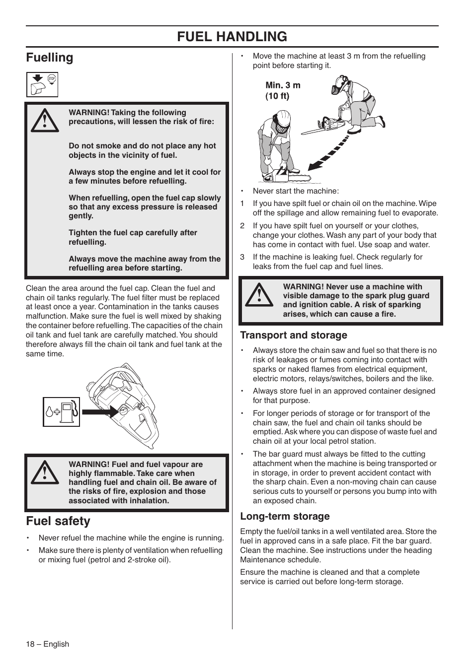 Fuelling, Fuel safety, Transport and storage | Long-term storage, Fuel handling | Jonsered CS 2153 User Manual | Page 18 / 44