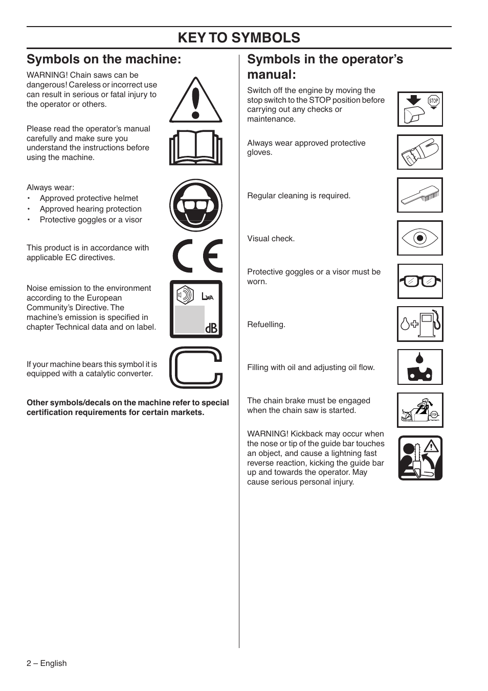 Symbols on the machine, Symbols in the operator’s manual, Key t o symbols | Symbols on the mac hine, Symbols in the operator’ s manual | Jonsered CS 2153 User Manual | Page 2 / 44