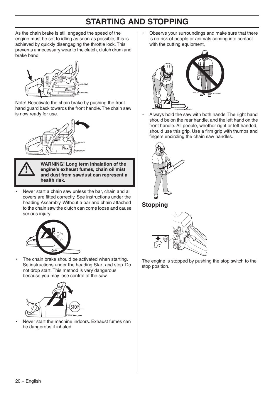 Stopping, Starting and stopping | Jonsered CS 2153 User Manual | Page 20 / 44
