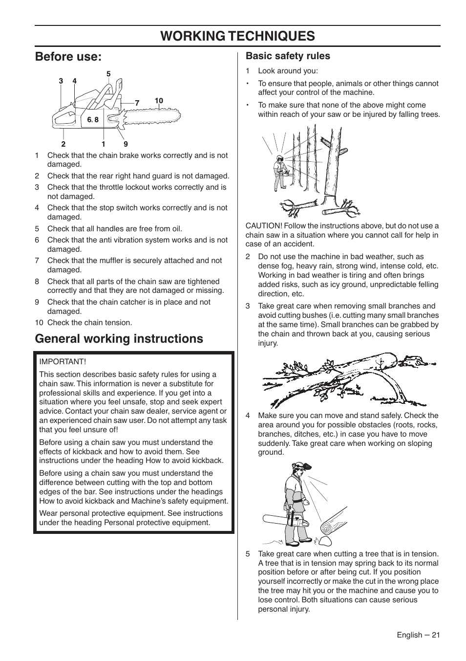 Before use, General working instructions, Basic safety rules | Working techniques | Jonsered CS 2153 User Manual | Page 21 / 44
