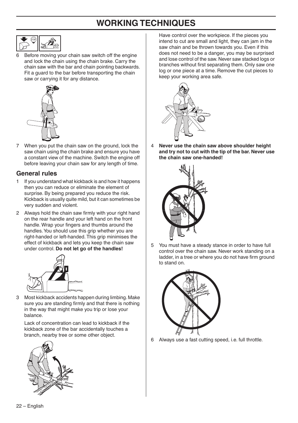 General rules, Working techniques | Jonsered CS 2153 User Manual | Page 22 / 44