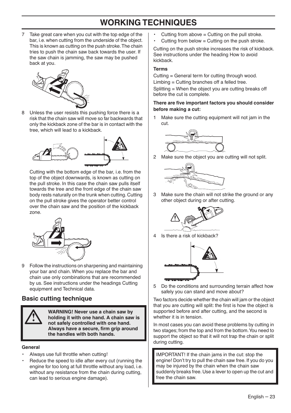 Basic cutting technique, Working techniques | Jonsered CS 2153 User Manual | Page 23 / 44