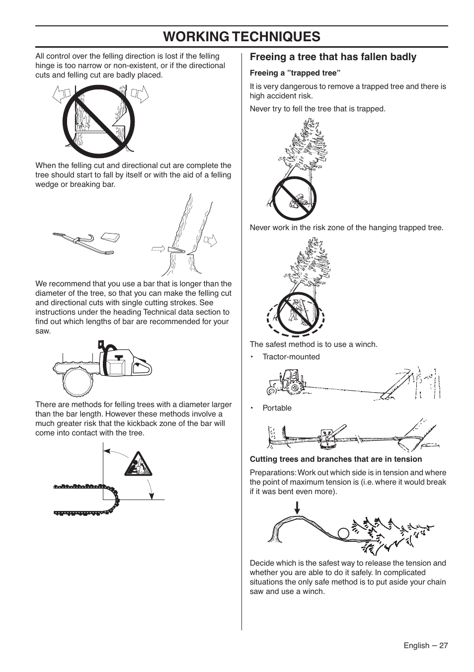 Freeing a tree that has fallen badly, Working techniques | Jonsered CS 2153 User Manual | Page 27 / 44