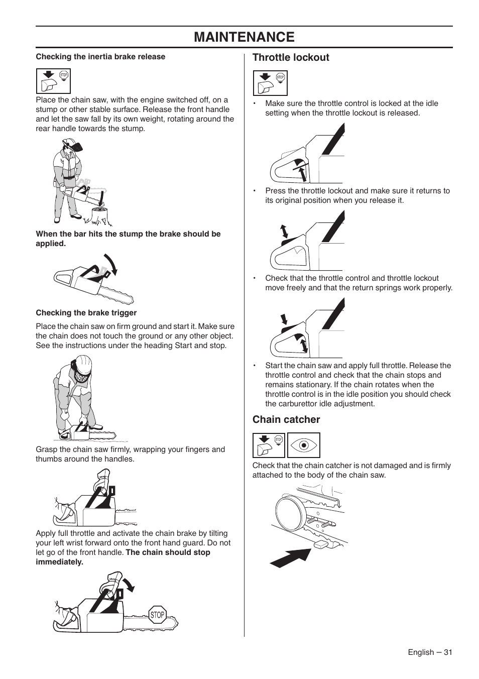 Throttle lockout, Chain catcher, Maintenance | Jonsered CS 2153 User Manual | Page 31 / 44