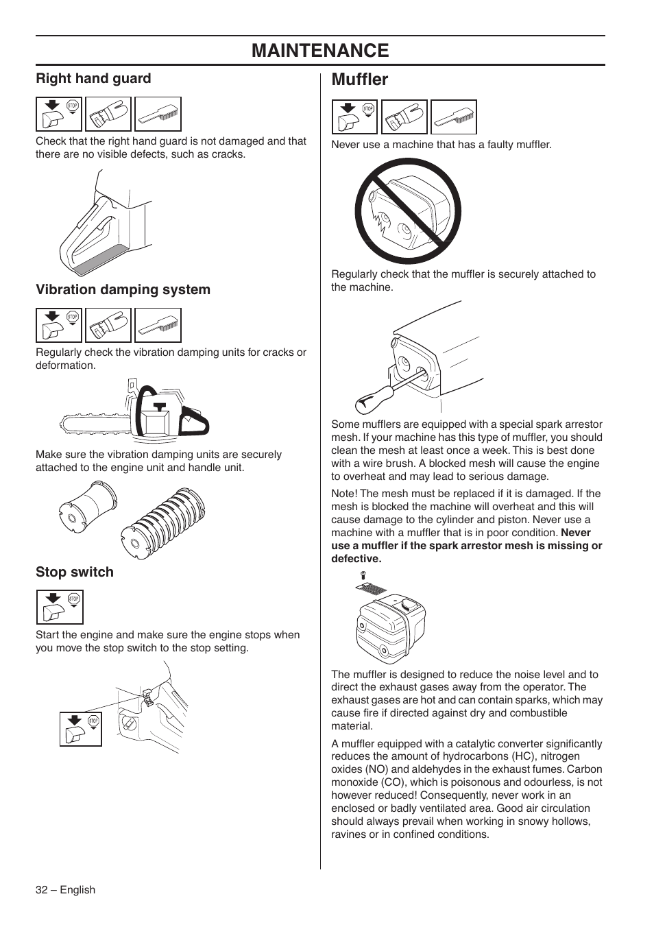 Right hand guard, Vibration damping system, Stop switch | Muffler, Maintenance, Mufﬂer | Jonsered CS 2153 User Manual | Page 32 / 44