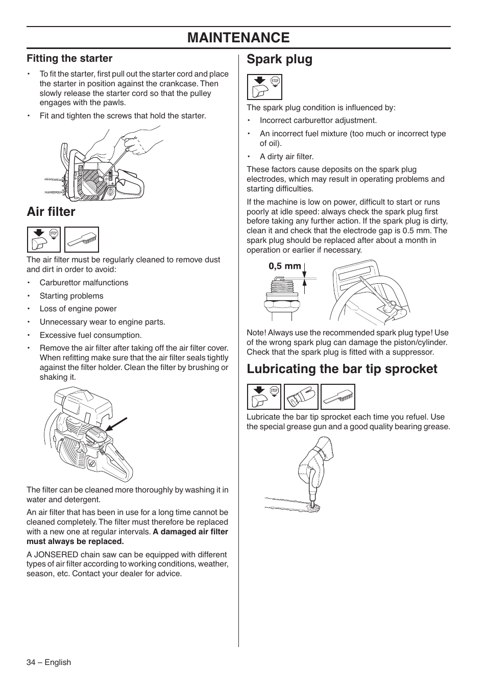 Fitting the starter, Air filter, Spark plug | Lubricating the bar tip sprocket, Maintenance, Air ﬁlter | Jonsered CS 2153 User Manual | Page 34 / 44