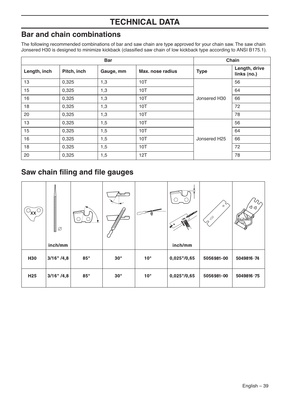 Bar and chain combinations, Saw chain filing and file gauges, Technical data | Saw chain ﬁling and ﬁle gauges | Jonsered CS 2153 User Manual | Page 39 / 44