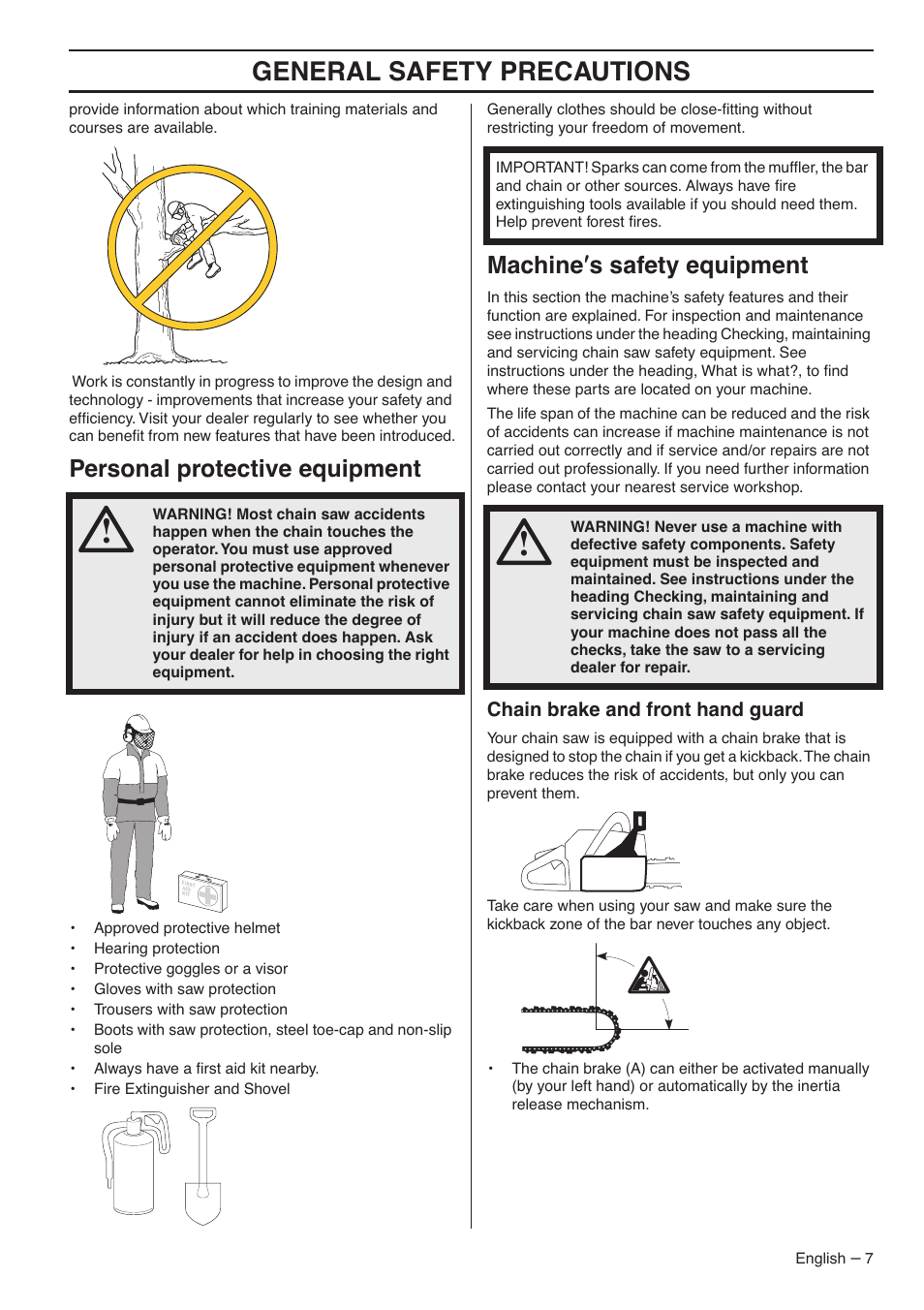 Personal protective equipment, Machine¢s safety equipment, Chain brake and front hand guard | General safety preca utions, P ersonal protective equipment, Mac hine ′′′′ s safety equipment | Jonsered CS 2153 User Manual | Page 7 / 44