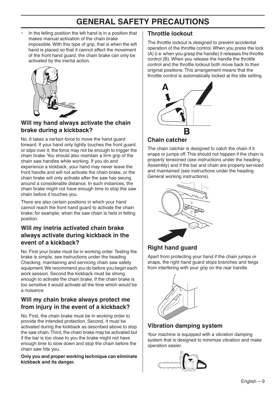 Throttle lockout, Chain catcher, Right hand guard | Vibration damping system, General safety precautions | Jonsered CS 2153 User Manual | Page 9 / 44