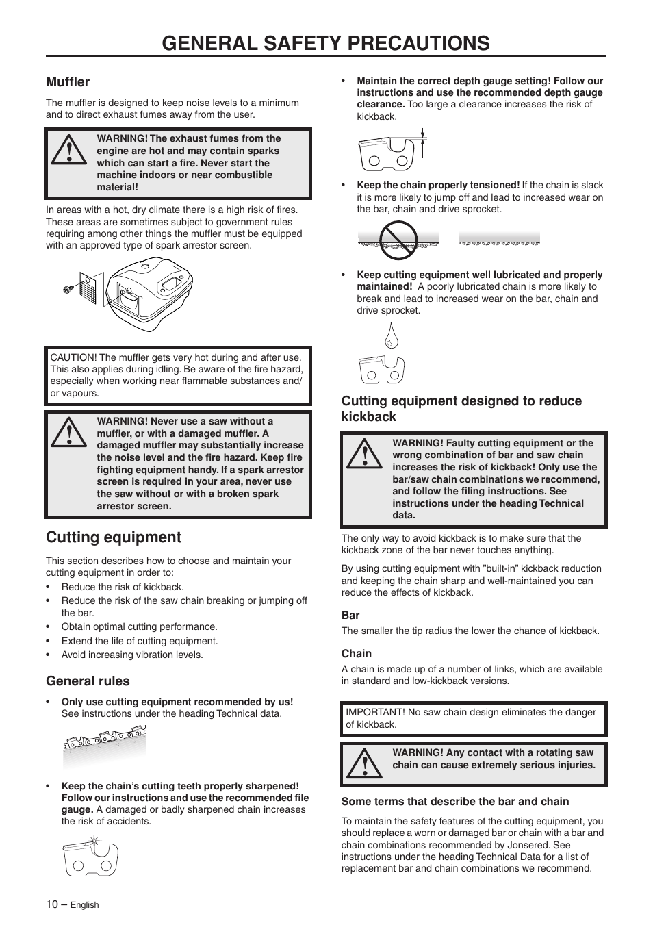 Muffler, Cutting equipment, General rules | Cutting equipment designed to reduce kickback, General safety precautions | Jonsered CS 2135T User Manual | Page 10 / 36