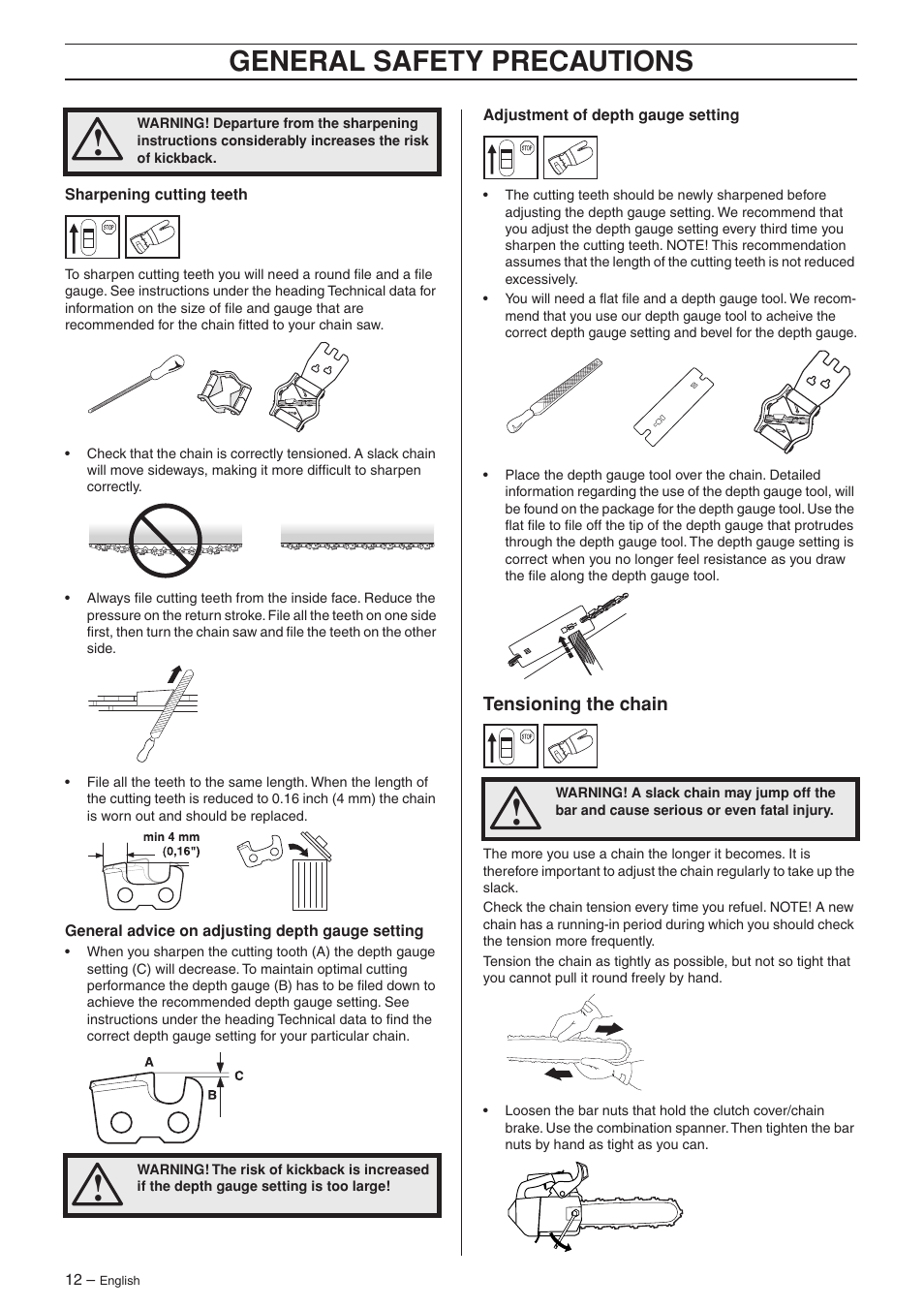 Tensioning the chain, General safety precautions | Jonsered CS 2135T User Manual | Page 12 / 36