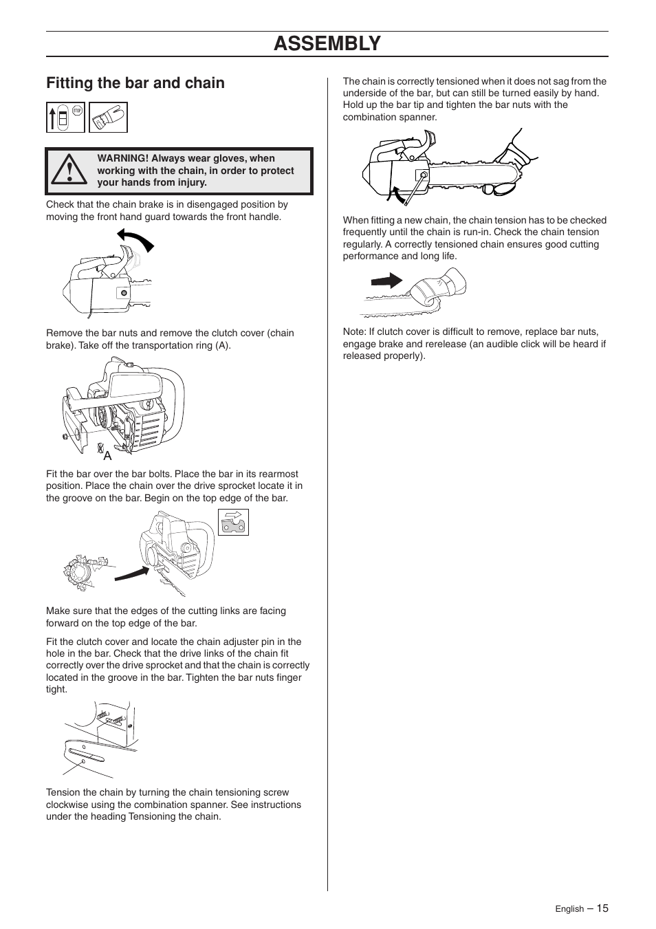Fitting the bar and chain, Assembly | Jonsered CS 2135T User Manual | Page 15 / 36