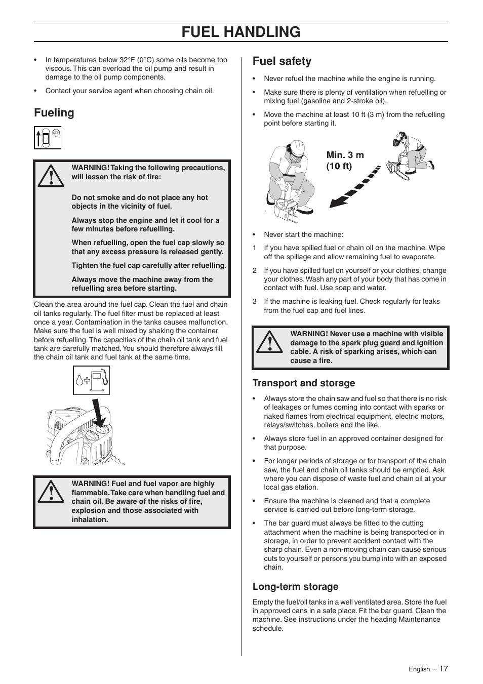 Fueling, Fuel safety, Transport and storage | Long-term storage, Fuel handling | Jonsered CS 2135T User Manual | Page 17 / 36
