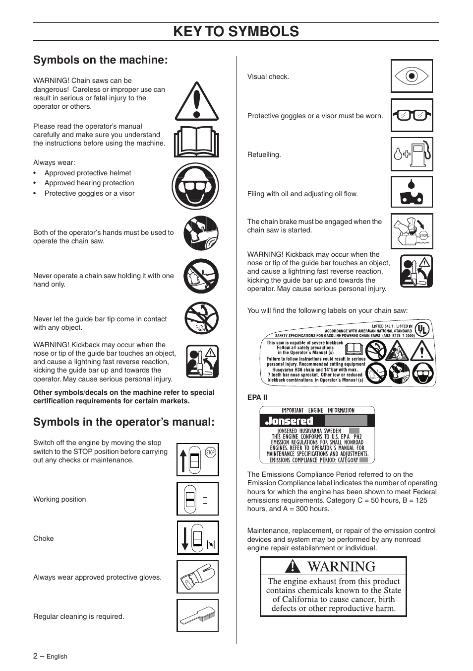 Symbols on the machine, Symbols in the operator’s manual, Key t o symbols | Symbols on the mac hine, Symbols in the operator’ s manual | Jonsered CS 2135T User Manual | Page 2 / 36