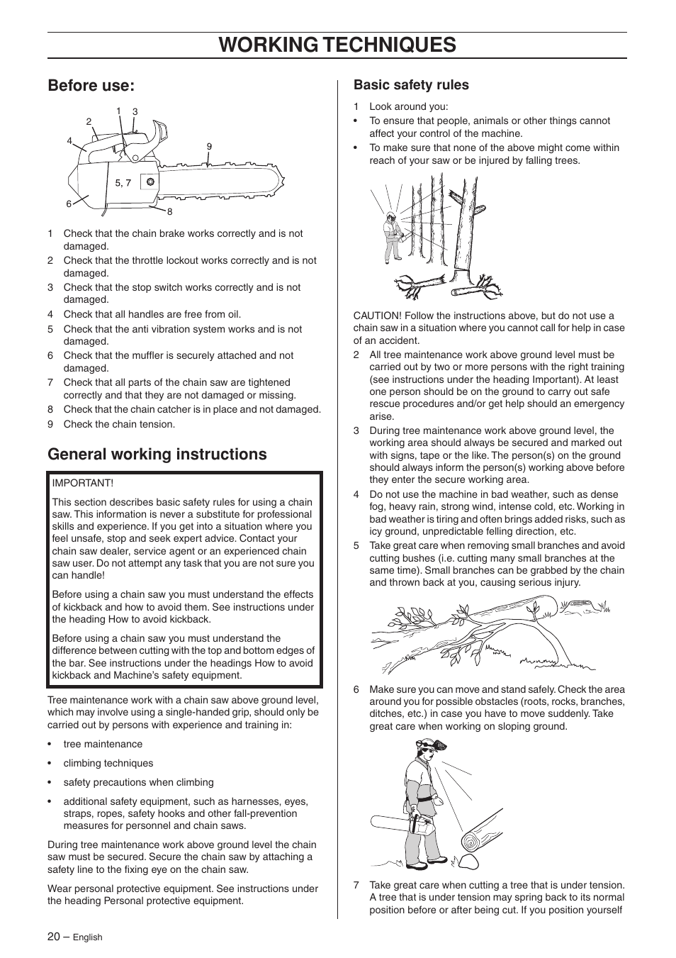 Before use, General working instructions, Basic safety rules | Working techniques | Jonsered CS 2135T User Manual | Page 20 / 36