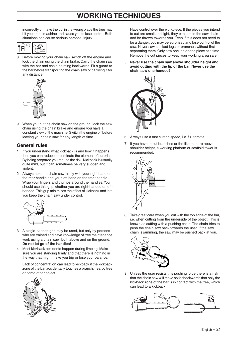 General rules, Working techniques | Jonsered CS 2135T User Manual | Page 21 / 36