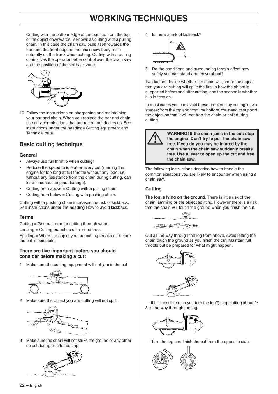 Basic cutting technique, Working techniques | Jonsered CS 2135T User Manual | Page 22 / 36