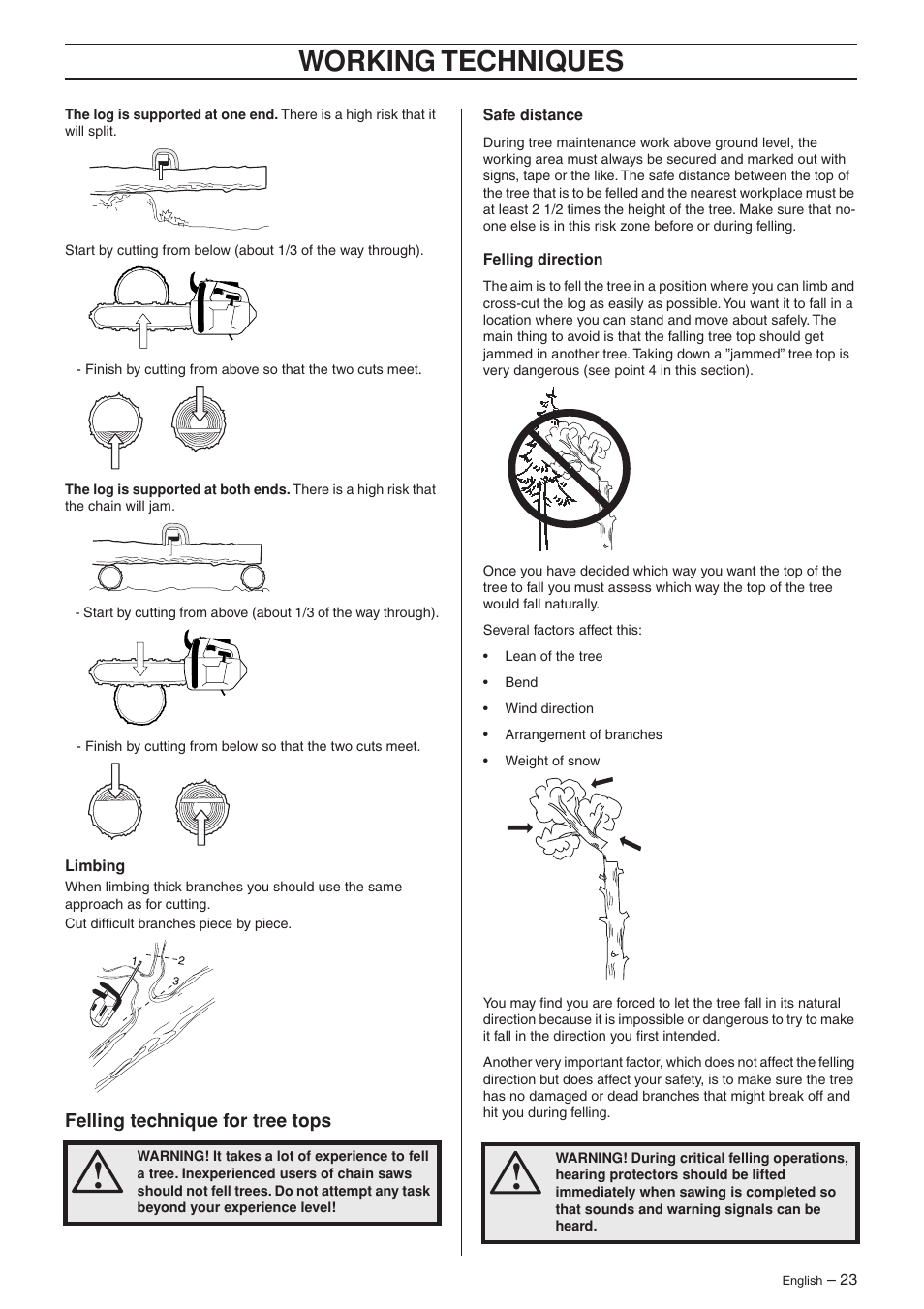 Felling technique for tree tops, Working techniques | Jonsered CS 2135T User Manual | Page 23 / 36