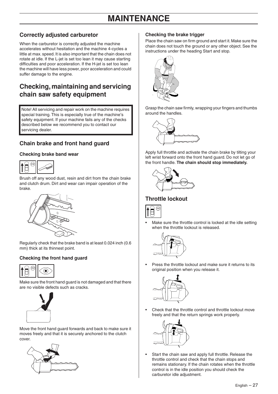 Correctly adjusted carburetor, Chain brake and front hand guard, Throttle lockout | Maintenance | Jonsered CS 2135T User Manual | Page 27 / 36