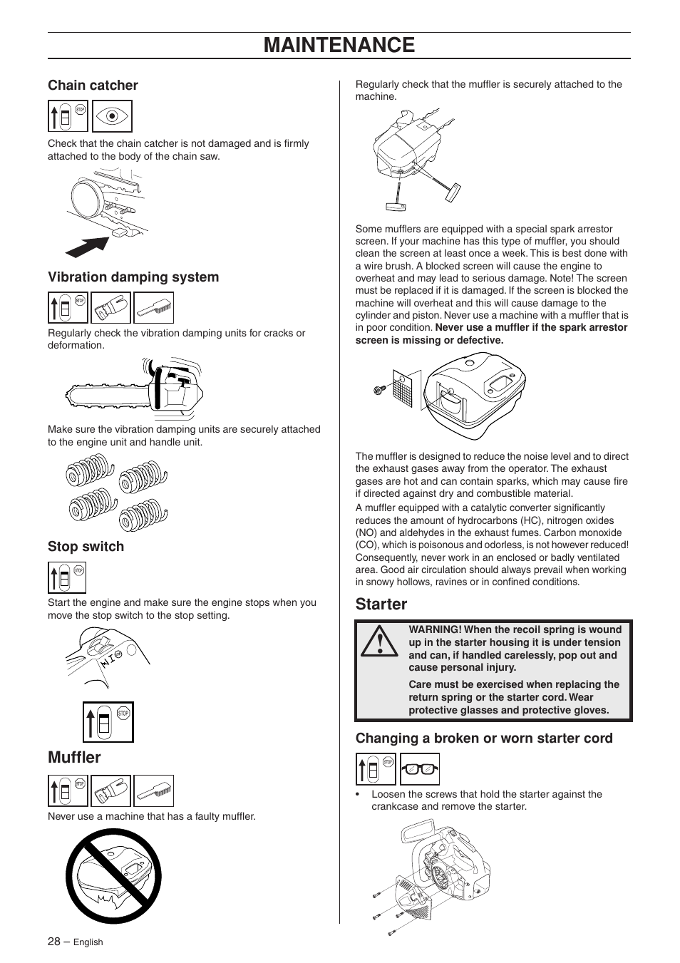 Chain catcher, Vibration damping system, Stop switch | Muffler, Starter, Changing a broken or worn starter cord, Maintenance | Jonsered CS 2135T User Manual | Page 28 / 36