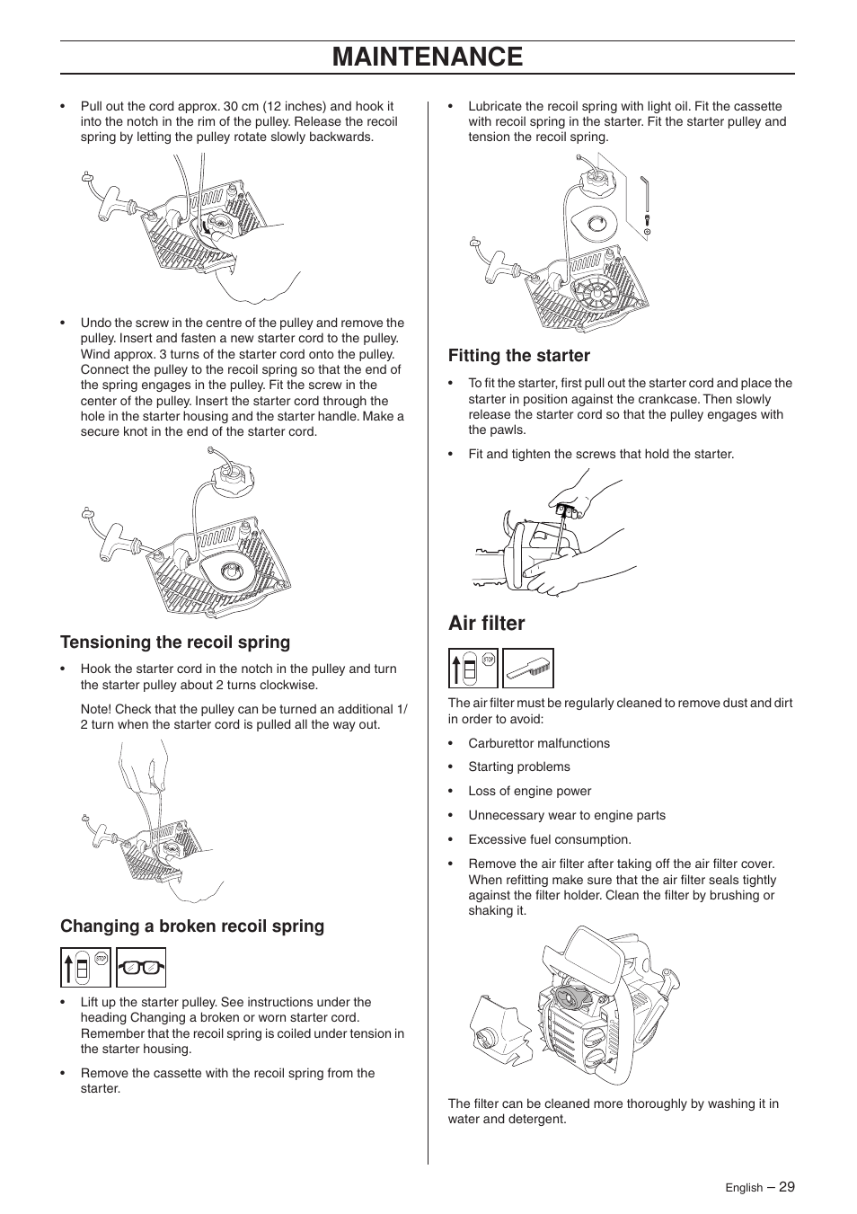 Tensioning the recoil spring, Changing a broken recoil spring, Fitting the starter | Air filter, Maintenance | Jonsered CS 2135T User Manual | Page 29 / 36