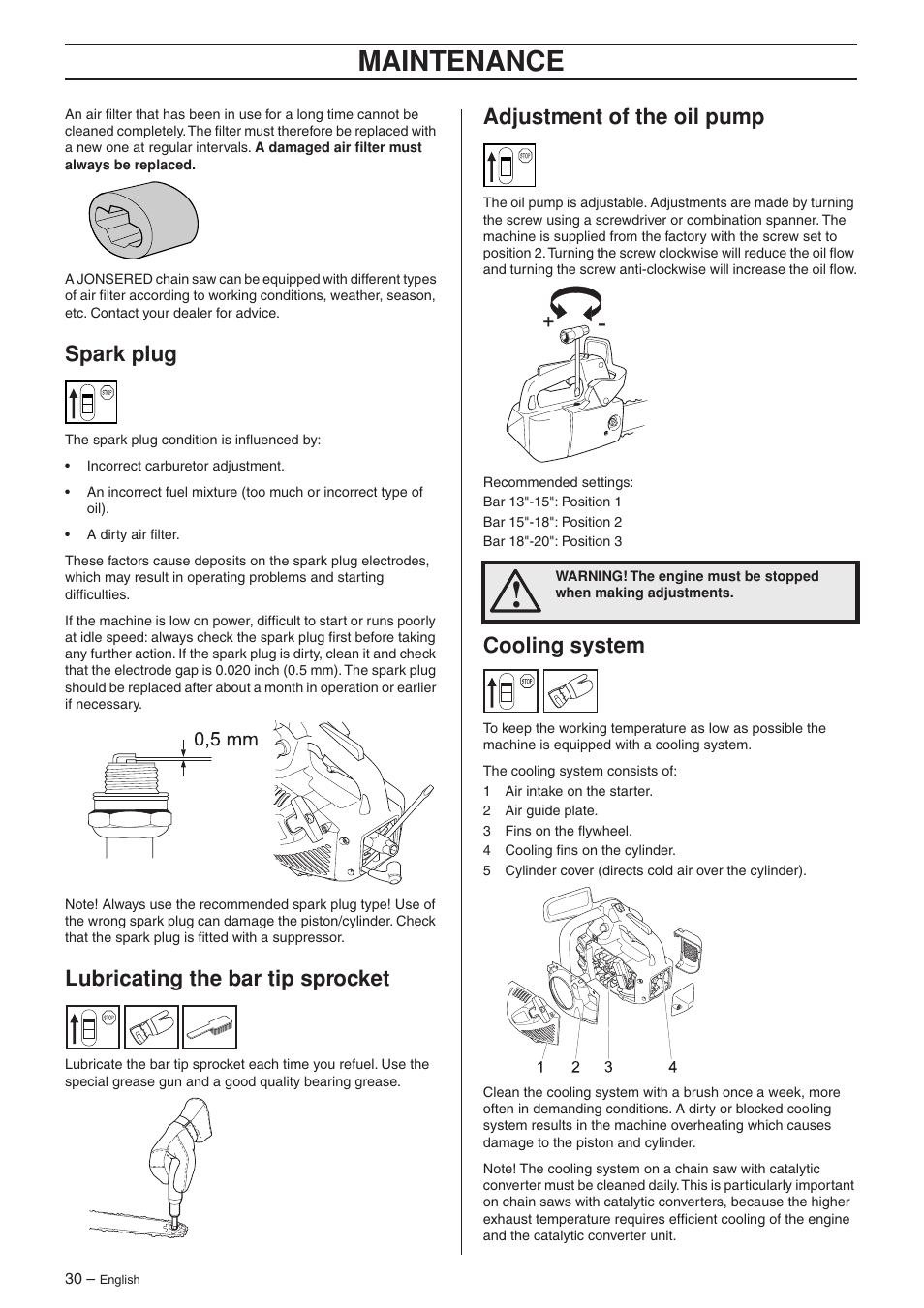 Spark plug, Lubricating the bar tip sprocket, Adjustment of the oil pump | Cooling system, Maintenance | Jonsered CS 2135T User Manual | Page 30 / 36