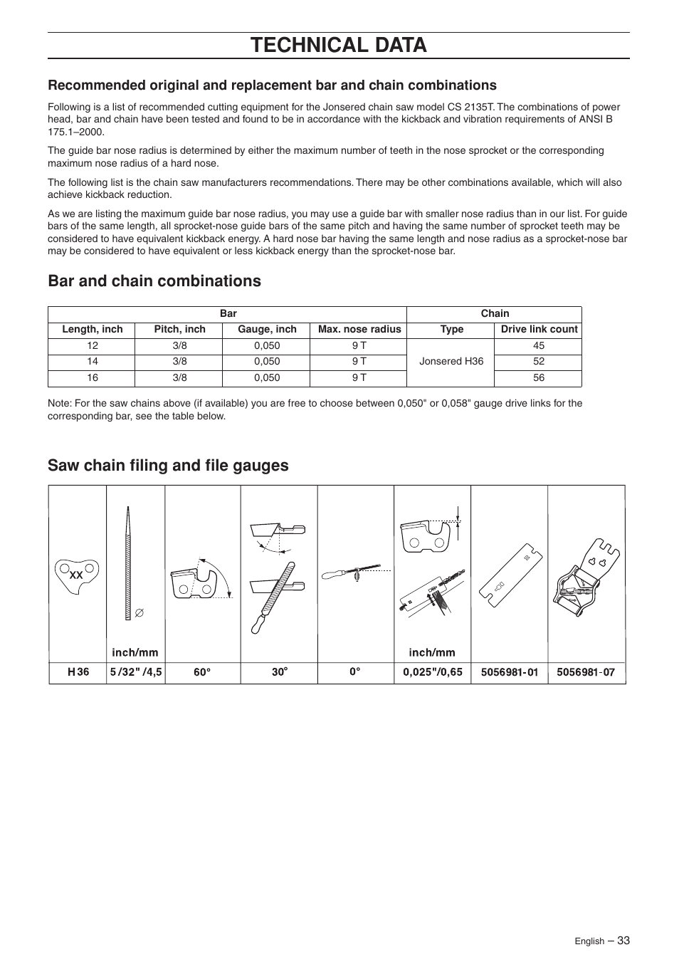 Bar and chain combinations, Saw chain filing and file gauges, Technical data | Jonsered CS 2135T User Manual | Page 33 / 36