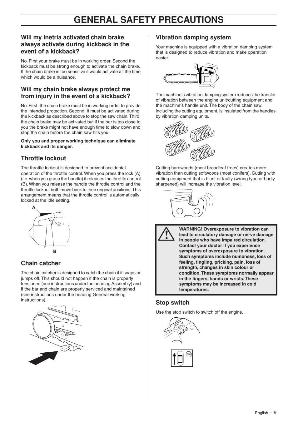 Throttle lockout, Chain catcher, Vibration damping system | Stop switch, General safety precautions | Jonsered CS 2135T User Manual | Page 9 / 36