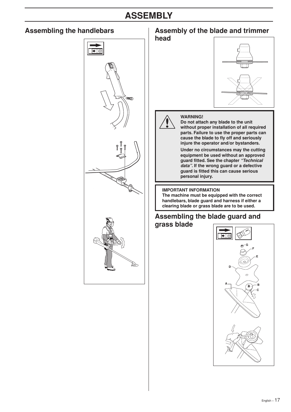 Assembly, Assembling the handlebars, Assembly of the blade and trimmer head | Assembling the blade guard and grass blade | Jonsered GR 2126D User Manual | Page 17 / 32