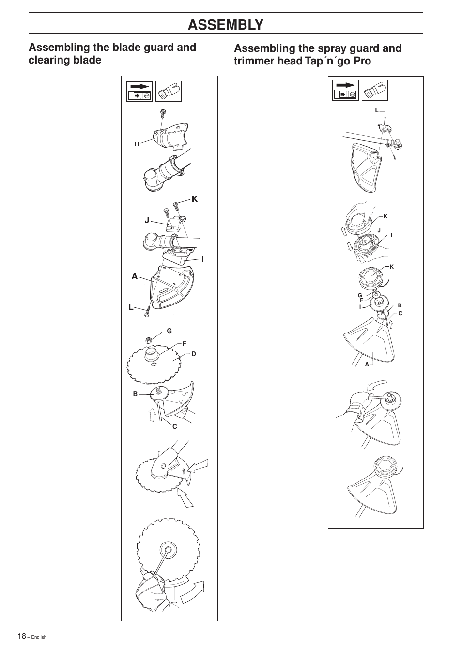 Assembly, Assembling the blade guard and clearing blade | Jonsered GR 2126D User Manual | Page 18 / 32