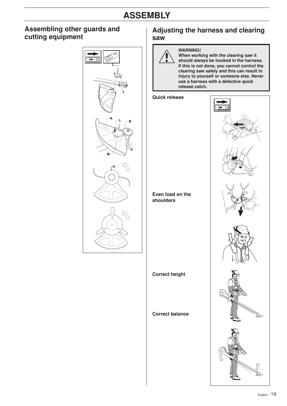 Assembly, Assembling other guards and cutting equipment, Adjusting the harness and clearing saw | Jonsered GR 2126D User Manual | Page 19 / 32