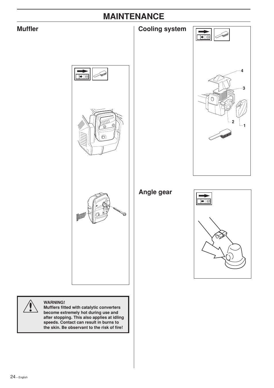 Maintenance, Cooling system, Muffler | Angle gear | Jonsered GR 2126D User Manual | Page 24 / 32