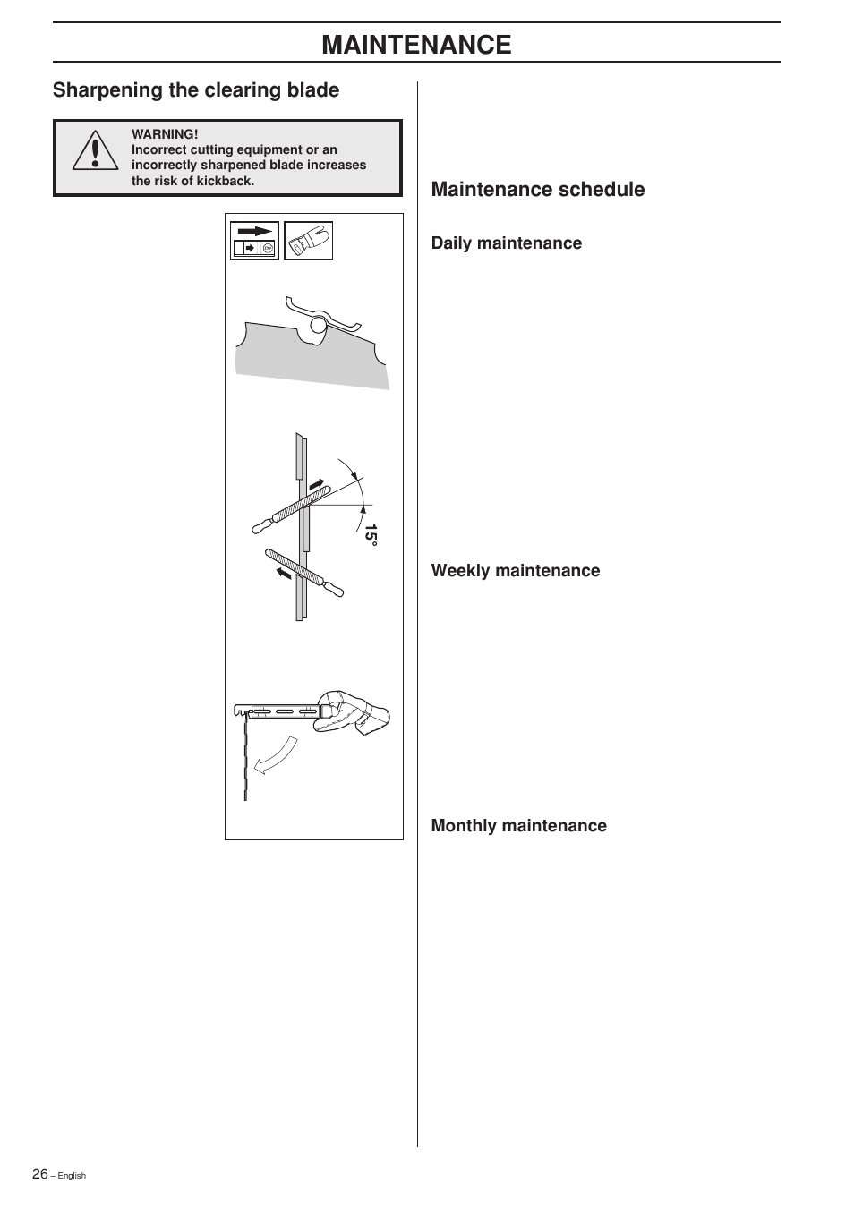 Maintenance schedule, Maintenance, Sharpening the clearing blade | Jonsered GR 2126D User Manual | Page 26 / 32