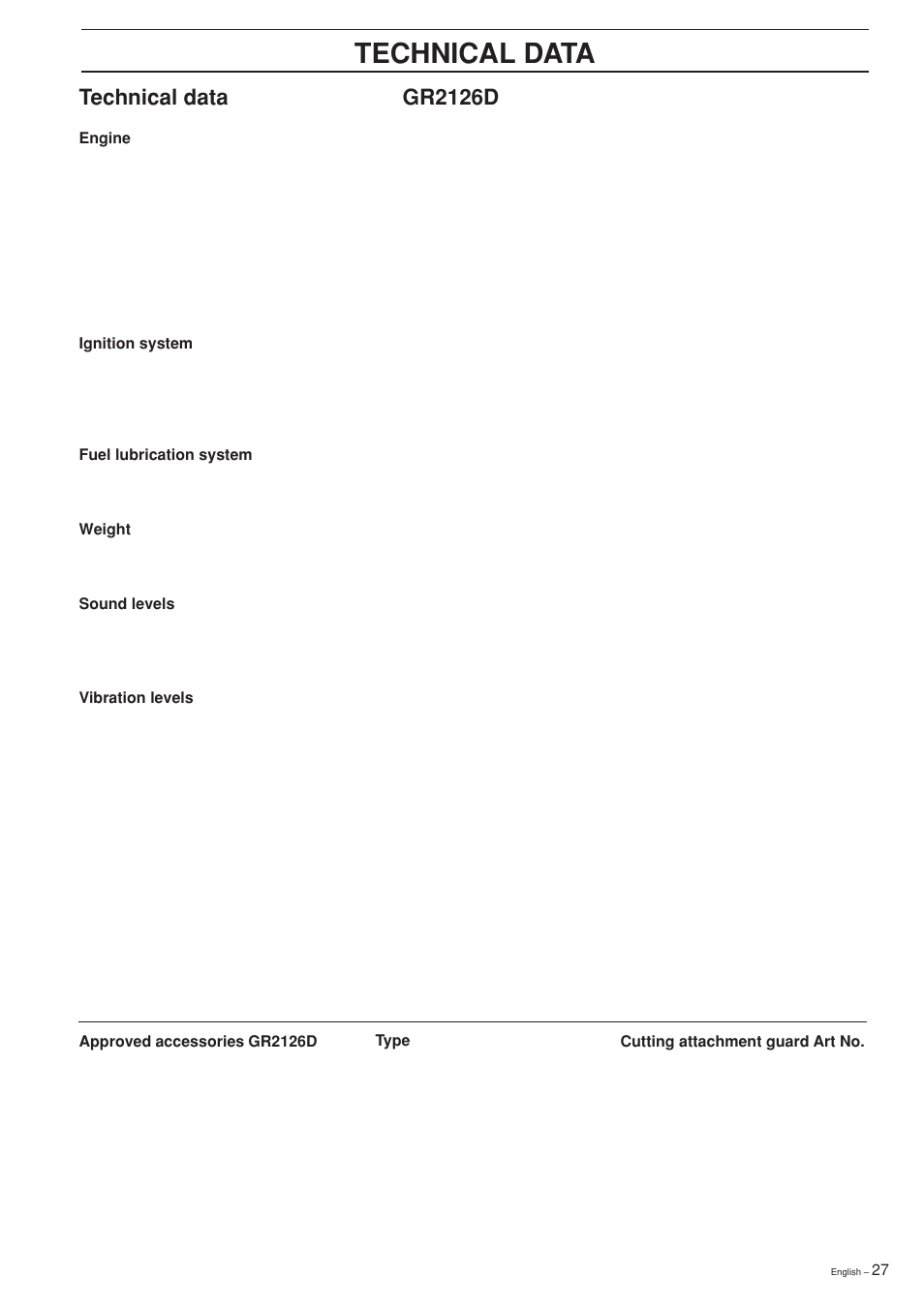 Technical data, Approved accessories, Gr2126d | Jonsered GR 2126D User Manual | Page 27 / 32