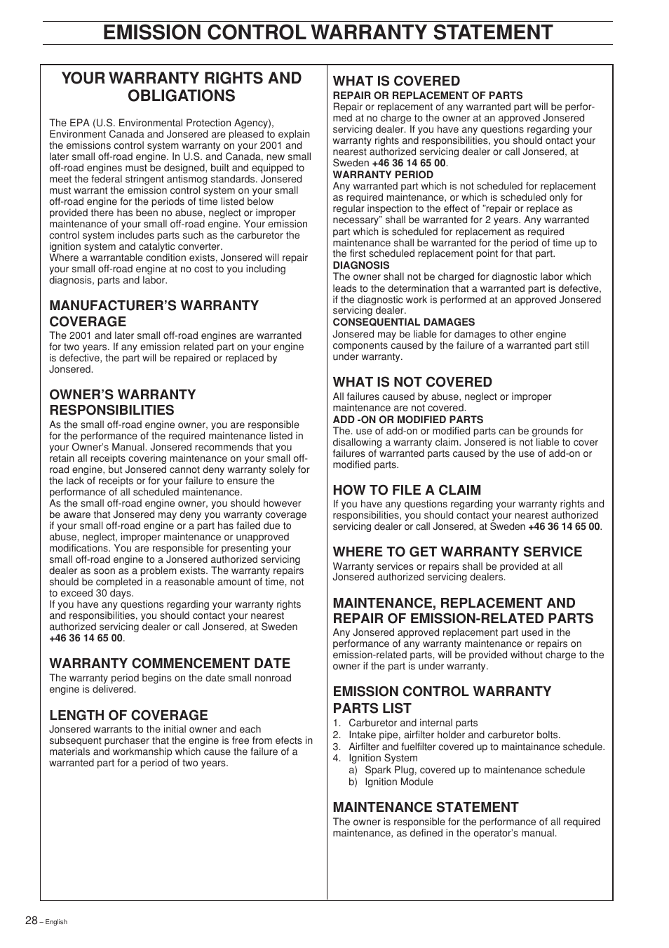 Emission control warranty statement, Your warranty rights and obligations | Jonsered GR 2126D User Manual | Page 28 / 32