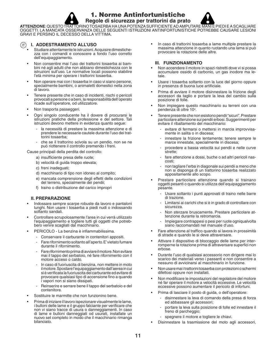 Norme antinfortunistiche, Regole di sicurezza per trattorini da prato | Jonsered LT2119CMA User Manual | Page 11 / 88