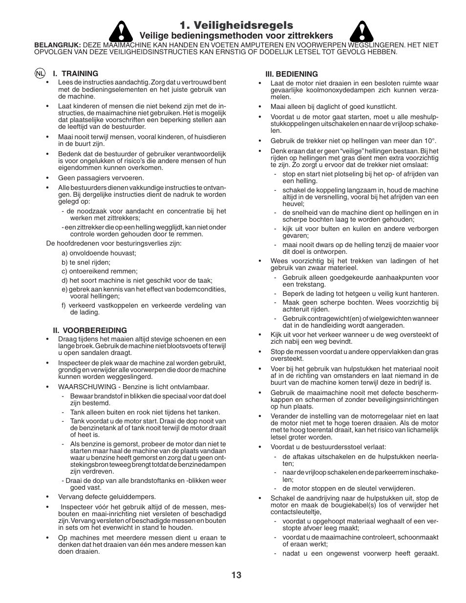 Veiligheidsregels, Veilige bedieningsmethoden voor zittrekkers | Jonsered LT2119CMA User Manual | Page 13 / 88