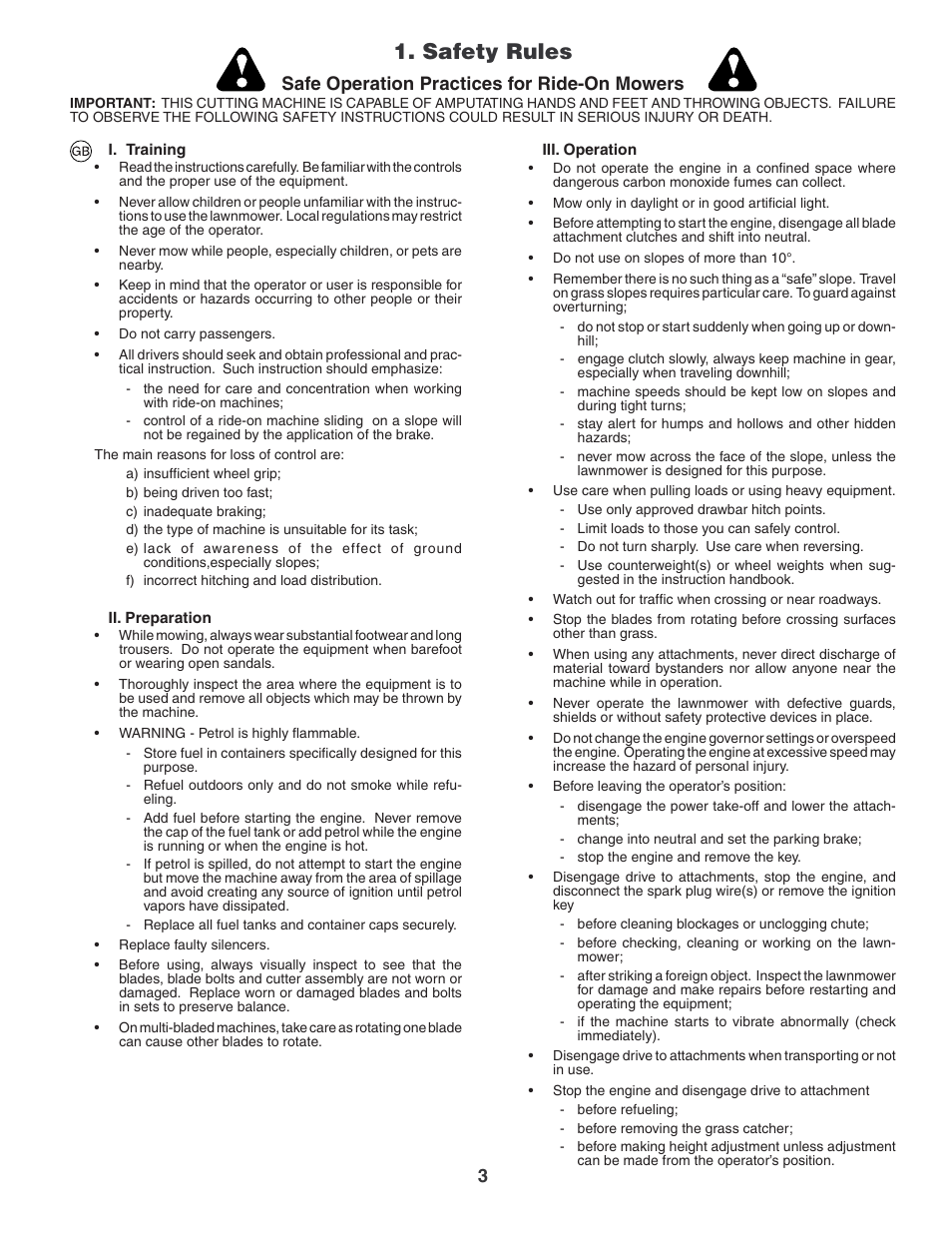 Safety rules, Safe operation practices for ride-on mowers | Jonsered LT2119CMA User Manual | Page 3 / 88