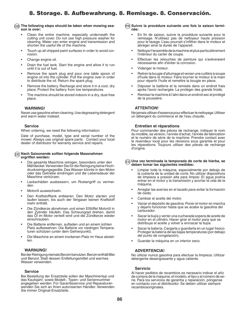 Jonsered LT2119CMA User Manual | Page 86 / 88